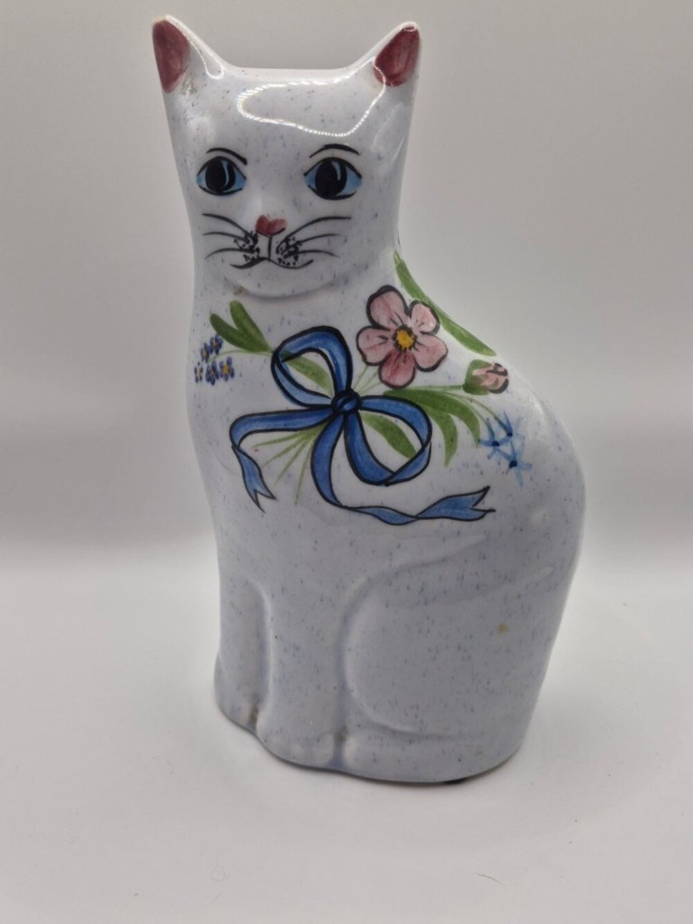 Hand-Painted Ceramic Cat Figurine With Floral Motif By N.S. Gustin Co  USA Made